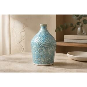 Vintage Sign Hand Painted Blue Floral Pattern Vase Beautiful